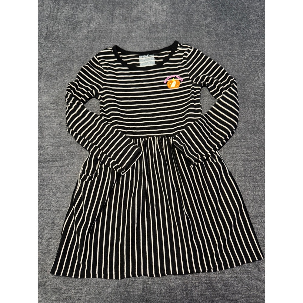 Cat & Jack Kids Black White Striped Halloween Ghouls Rule Dress XS 4/5 Pockets